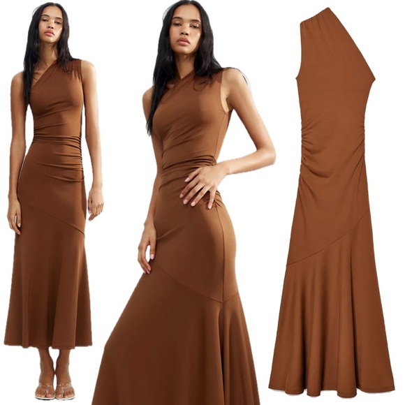 Zara NWT Asymmetrical Sleeveless Maxi Ruched Bodycon Contoured Fishtail Dress - Picture 1 of 16
